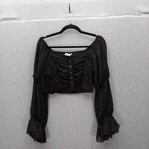 Ruched Black Chiffon Long Sleeve Crop Top Blouse With Button Closure ML Size